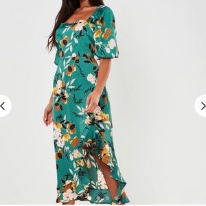 Missguided Green Floral Print Ruffle Midi Dress